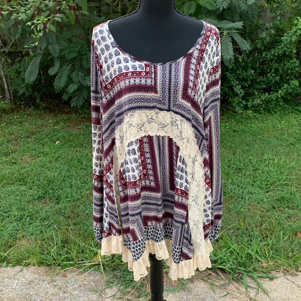 Boho Patchwork Relaxed L Top Lace Trim Tunic Long Sleeve Festival Peasant Blouse
